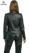 Siyah Hakiki Deri Kadın Ceket Love Mıknatıs Yaka Detaylı - 7