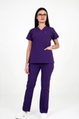 Deniz İş Kadın Terycotton Yarasa Kol Mor Renk Scrubs Takım - 4