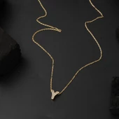 Taşlı Y Harfli Minimal Harf Altın Kolye - 4