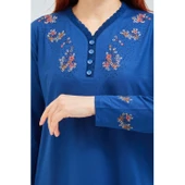 Fresh&Moda Kadın Pembe V Yaka Düğmeli Çiçekli Likralı Anne Penye Bluz - 4