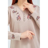 Fresh&Moda Kadın Pembe V Yaka Düğmeli Çiçekli Likralı Anne Penye Bluz - 12