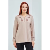 Fresh&Moda Kadın Pembe V Yaka Düğmeli Çiçekli Likralı Anne Penye Bluz - 11