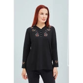 Fresh&Moda Kadın Pembe V Yaka Düğmeli Çiçekli Likralı Anne Penye Bluz - 5