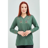 Fresh&Moda Kadın Pembe V Yaka Düğmeli Çiçekli Likralı Anne Penye Bluz - 9