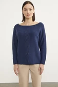 Kayık Yaka Motif Detaylı Triko Kazak - Lacivert thumbnail 1