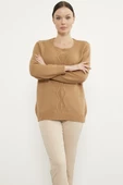 Önü Örgü Detaylı Triko Basic Kazak - Kamel thumbnail 3