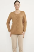 Önü Örgü Detaylı Triko Basic Kazak - Kamel thumbnail 1