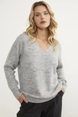 Petek Örgü V Yaka Triko Kazak - Açık Gri thumbnail 2
