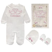 İsme Özel Pembe Nakışlı Bereli Eldivenli Kız Bebek Tulum - 1