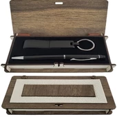 Ahşap Kutulu Siyah Kalem Anahtarlık Set Dekoratif Hediyelik - 1