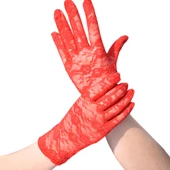 Parti Aksesuar Kırmızı Renk Kısa Dantelli Eldiven - 1