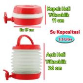 Akordiyonlu Su Sebili Meşrubat İçecek Kabı Bidonu Damacana Katlanabilir Musluklu Körüklü 5.5 Litre Termos Piknik Kamp Mangal Kırmızı - 3