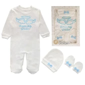 İsme Özel Mavi Nakışlı Bereli Eldivenli Erkek Bebek Tulum - 1