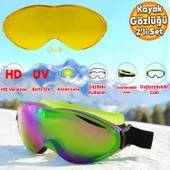 Bellasimo Kayak Gözlüğü Değiştirebilir Camlı Antifog Güneş Kar Gözlük Gökkuşağı Snowboard Glasses Gözlük+1 Adet Yedek Cam (Sarı) - 1