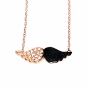 925 Ayar Gümüş Melek Kanadı Kolye, Pembe Siyah - Beyaz Taş thumbnail 3