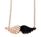 925 Ayar Gümüş Melek Kanadı Kolye, Pembe Siyah - Beyaz Taş thumbnail 4