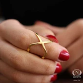 925 Ayar Gümüş X Yüzük, Sarı thumbnail 1