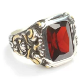 925 Ayar Gümüş Dikdörtgen Fasetli Kırmızı Yakut Taşlı Sütun Başı Kalemkar Erkek Yüzüğü - 2