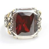 925 Ayar Gümüş Dikdörtgen Fasetli Kırmızı Yakut Taşlı Sütun Başı Kalemkar Erkek Yüzüğü - 4