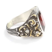 925 Ayar Gümüş Dikdörtgen Fasetli Kırmızı Yakut Taşlı Sütun Başı Kalemkar Erkek Yüzüğü - 3