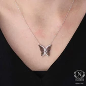 Kelebek 925 Ayar Gümüş Kolye, Beyaz Siyah - Beyaz Taş thumbnail 1