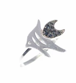 925 Ayar Gümüş Balık Yüzük, Beyaz - Siyah Taş thumbnail 3