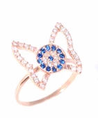 925 Ayar Gümüş Nazar Boncuklu Kelebek Yüzük, Pembe - Beyaz Taş thumbnail 4