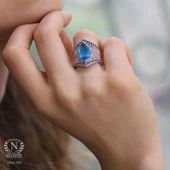 925 Ayar Gümüş Mekik Akuamarin Telkari Yüzük - 5