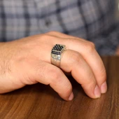 925 Ayar Gümüş Fihi ma Fih Fetih Yüzük, Beyaz - Siyah Taş thumbnail 1