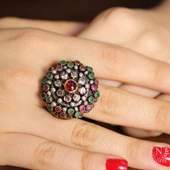 925 Ayar Gümüş ve Bronz Karışımı Taşlı Desenli Yüzük thumbnail 1