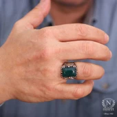 925 Ayar Gümüş Dikdörtgen Yeşil Akik Taşlı Akrep Erkek Yüzük thumbnail 7