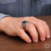 925 Ayar Gümüş Dikdörtgen Yeşil Akik Taşlı Akrep Erkek Yüzük thumbnail 9