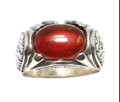 925 Ayar Gümüş Elips Kırmızı Akik Taşlı Çiçek Desenli Erkek Yüzük thumbnail 2
