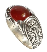 925 Ayar Gümüş Elips Kırmızı Akik Taşlı Çiçek Desenli Erkek Yüzük thumbnail 1