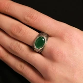 925 Ayar Gümüş Oval Fasetli Yeşil Agat Taşlı Erkek Yüzük thumbnail 1