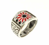 925 Ayar Gümüş Kırmızı Siyah Mineli Çiçek Motifli Erkek Yüzük thumbnail 4
