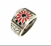 925 Ayar Gümüş Kırmızı Siyah Mineli Çiçek Motifli Erkek Yüzük thumbnail 5