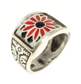 925 Ayar Gümüş Kırmızı Siyah Mineli Çiçek Motifli Erkek Yüzük thumbnail 1