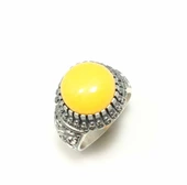 Yuvarlak Sarı Kehribar Taşlı 925 Ayar Gümüş El Kalemli Yüzük thumbnail 4