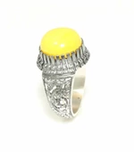 Yuvarlak Sarı Kehribar Taşlı 925 Ayar Gümüş El Kalemli Yüzük thumbnail 3