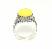 Yuvarlak Sarı Kehribar Taşlı 925 Ayar Gümüş El Kalemli Yüzük thumbnail 2