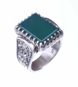 925 Ayar Gümüş Dikdörtgen Yeşil Akik Taşlı Tırnak Modeli El Kalemli Erkek Yüzük thumbnail 1