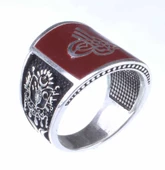 925 Ayar Gümüş Osmanlı Tuğrası ve Arması Desenli Kırmızı Mineli Erkek Yüzük thumbnail 4
