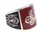 925 Ayar Gümüş Osmanlı Tuğrası ve Arması Desenli Kırmızı Mineli Erkek Yüzük thumbnail 1