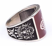 925 Ayar Gümüş Osmanlı Tuğrası ve Arması Desenli Kırmızı Mineli Erkek Yüzük thumbnail 6