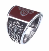 925 Ayar Gümüş Osmanlı Tuğrası ve Arması Desenli Kırmızı Mineli Erkek Yüzük thumbnail 2