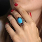 925 Ayar Gümüş Turkuaz Taşlı Tasarım Yüzük thumbnail 1
