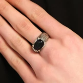 925 Ayar Gümüş Elips Göktaşlı İşlemeli Erkek Yüzük - 1