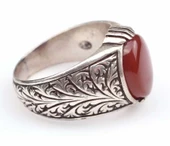 925 Ayar Gümüş Kırmızı Akik Taşlı İşlemeli Erkek Yüzük thumbnail 4