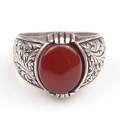 925 Ayar Gümüş Kırmızı Akik Taşlı İşlemeli Erkek Yüzük thumbnail 5